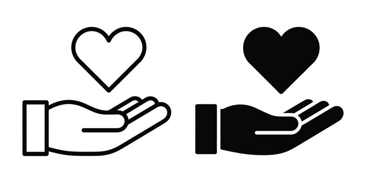 hand holding heart icon set in outline and solid styles for care and love