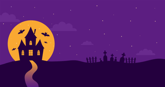 A haunted castle silhouette, bats, a graveyard with graves, and a winding road set against a huge orange full moon and a purple sky.