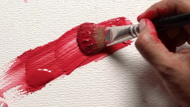 Drawing with a paintbrush on white paper using red paint