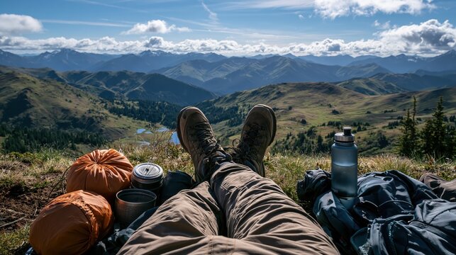 Backpacker resting with gear overlooking mountain valley during golden hour with copy space