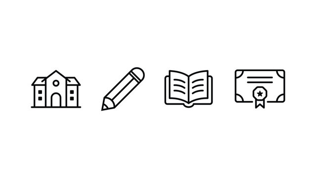School education icons set, including school building, pencil, open book, and diploma certificate