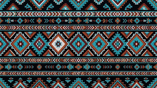 Seamless ethnic vector pattern with colorful tribal geometric diamond beadwork shapes