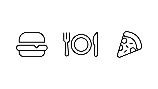 Set of food icons including a hamburger, a plate with cutlery, and a slice of pizza, simple line art style for restaurant or menu design