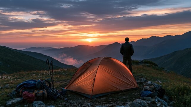 Lone camper watching sunrise over misty mountain peaks from a campsite with orange tent