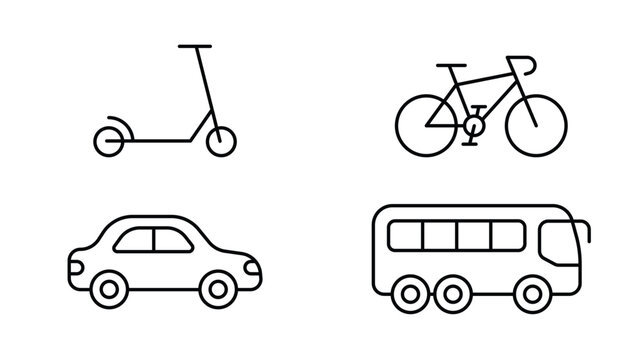 Set of black line art transport icons including kick scooter, bicycle, passenger car, and bus