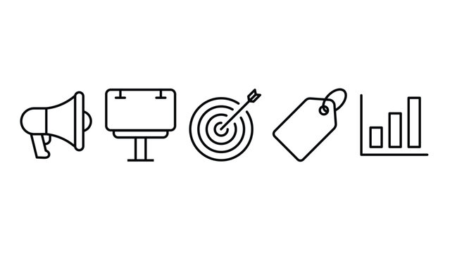 Set of marketing and business icons including megaphone, billboard, target, price tag and bar chart