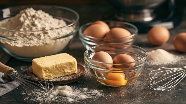 Baking ingredients of flour eggs and butter with whisks in a rustic kitchen setting during preparation