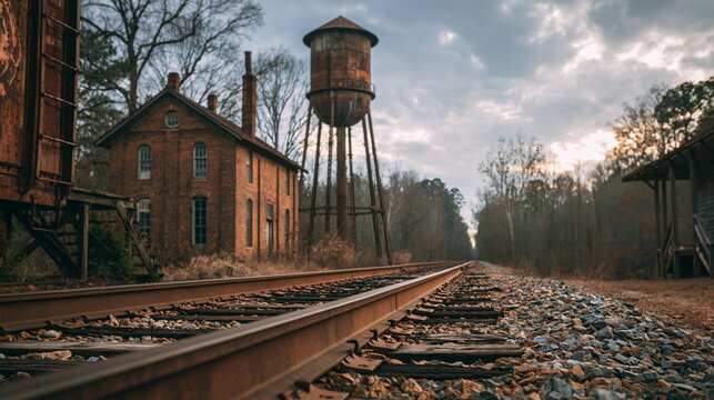Rusty Weathered Train Tracks Leading Through Lush Green Landscape Under a Bright Blue Sky