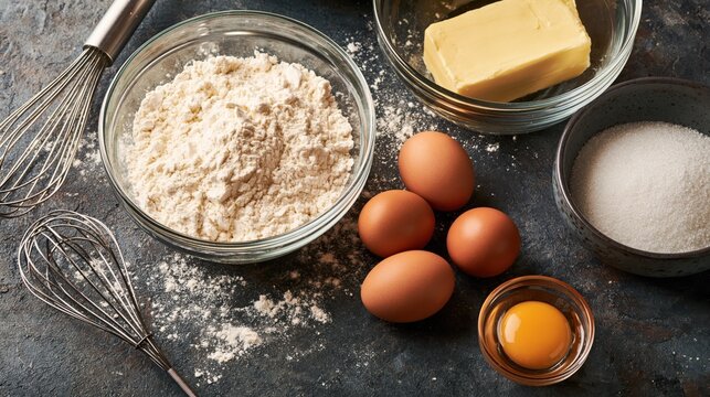 Baking ingredients with eggs flour sugar and butter arranged on a dark surface with whisks