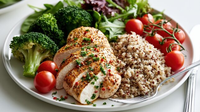 Sliced grilled chicken breast with quinoa and fresh broccoli served on a white plate with a side salad
