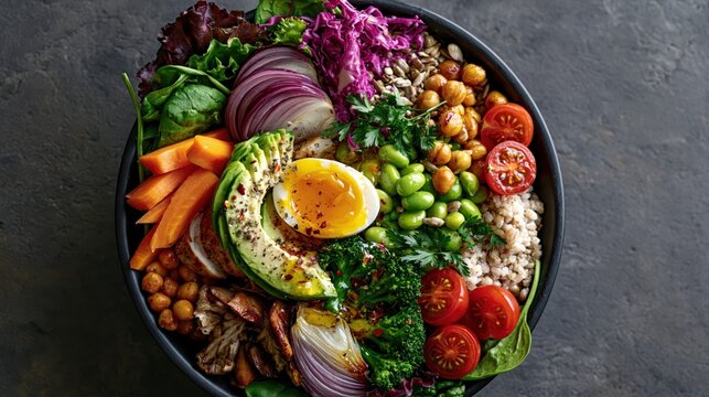 Vibrant Buddha Bowl with fresh vegetables grains and egg on a dark textured surface with natural light