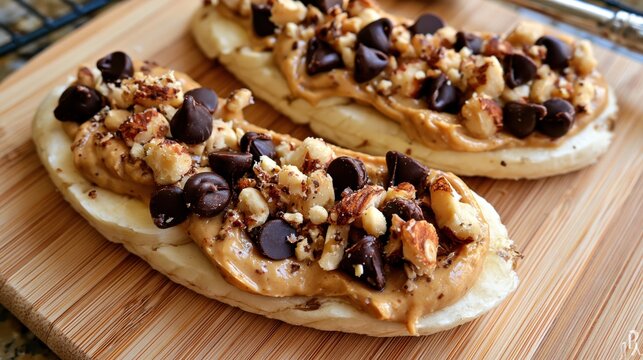 Banana halves with peanut butter chocolate chips and nuts on a wooden board during daylight
