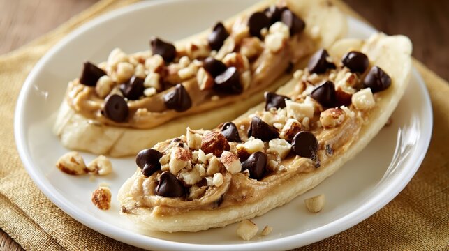 Banana halves with peanut butter chocolate chips and chopped nuts on a plate with warm lighting