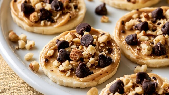 Sweet cookie rounds with peanut butter chocolate chips and chopped nuts on a white plate during daylight