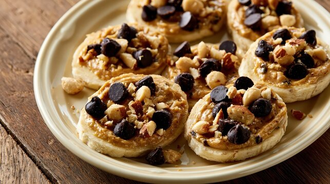 Round flatbread snacks with creamy spread topped with chocolate chips and chopped nuts in soft light