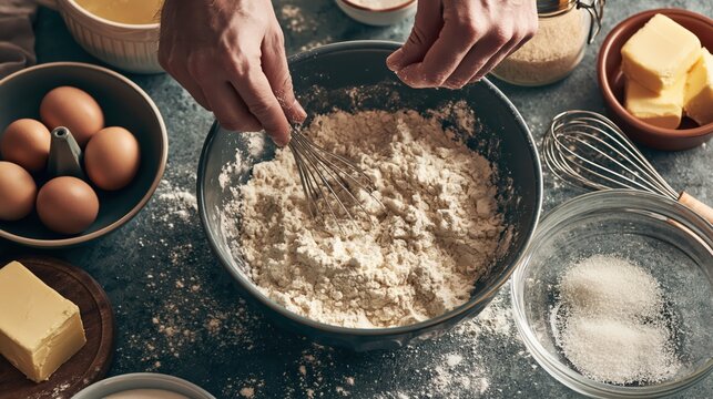 Hands whisking flour in bowl with baking ingredients on rustic table during preparation