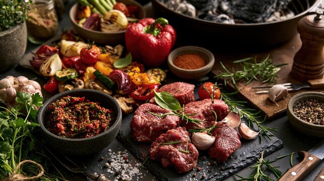 Fresh raw beef steaks and grilled vegetables arranged outdoors with herbs and spices during a summer barbecue