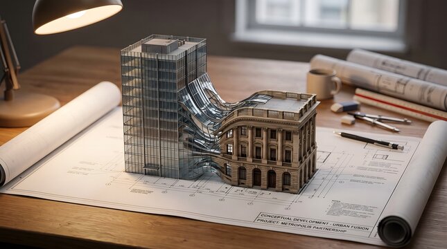 Conceptual Architectural Blueprint Model Blending Modern Glass Skyscraper Design with Historic Stone Building Preservation