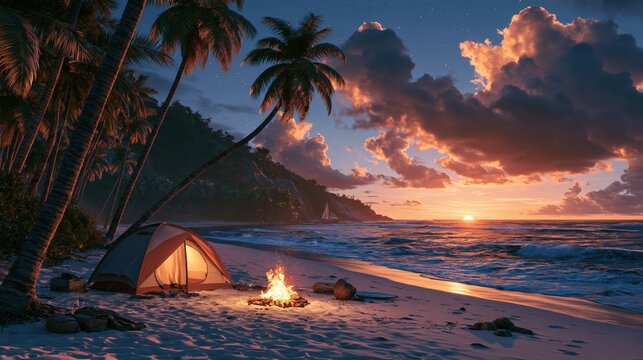 Illuminated tent and campfire on a tropical beach at sunset with dramatic clouds and ocean waves