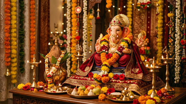 Beautifully decorated idol of Lord Ganesha during the Ganesh Chaturthi festival celebration.