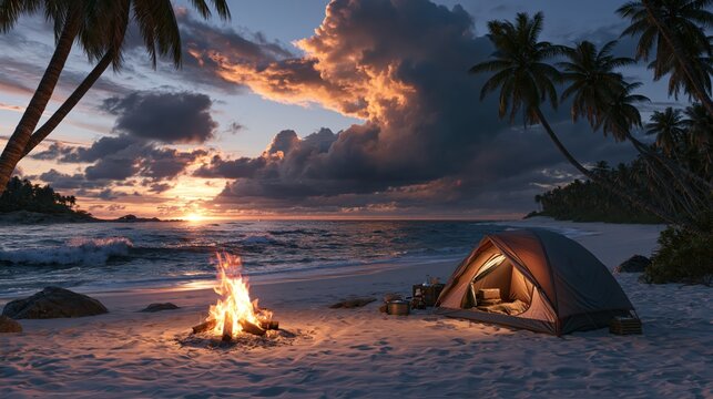 Tropical beach campsite during sunset with glowing campfire and illuminated tent under palm trees