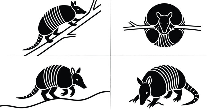 Armadillo Silhouette Set Black and White Climbing and Digging