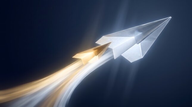 Dynamic Concept of Gold and Silver Paper Planes Soaring Together in a High Speed Motion Blur Environment