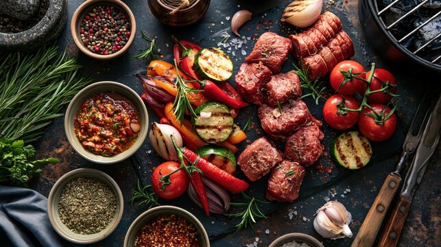 Grilled meat and vegetables arranged with spices and herbs on a dark surface with a grill grate