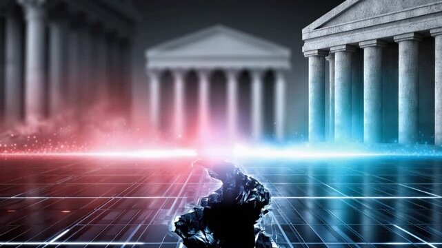 Dramatic abstract scene with glowing light and classical architecture, representing a clash of ideologies or a pivotal moment. ..Created with Generative AI, not depicting real subjects.