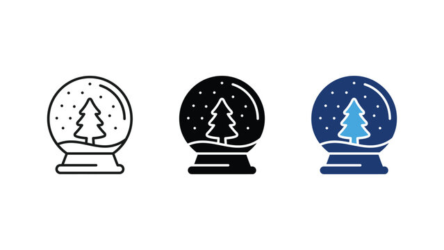 Set of three snow globe icons with a christmas tree inside, featuring line art, solid black, and blue color styles for holiday design projects