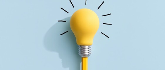 Fototapeta na wymiar Yellow lightbulb resting on top of a yellow pencil against a light blue background