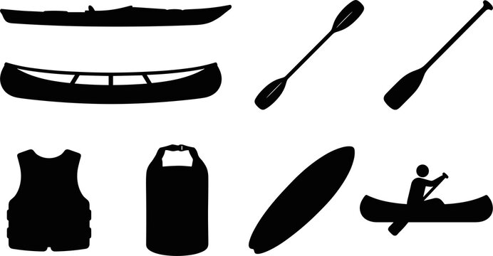 Canoeing Equipment Silhouette Icon Set