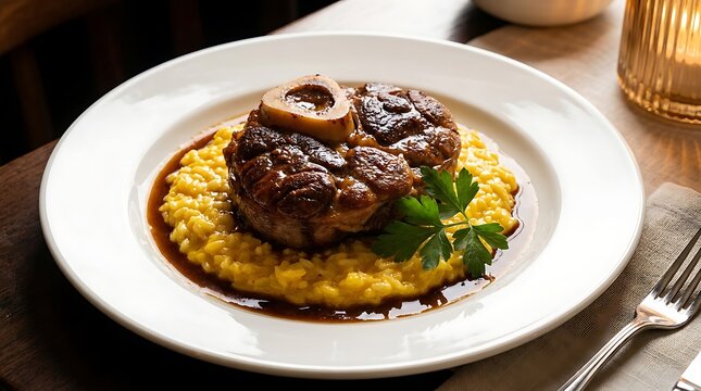 Delicious veal shank osso buco served with creamy yellow saffron risotto on a white plate in restaurant. veal osso bucco