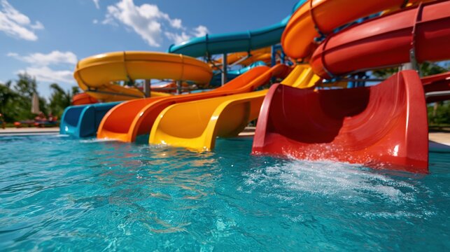 Colorful water slides at modern outdoor water park under blue sky