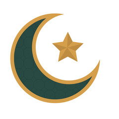 Islamic crescent moon and star symbol with geometric pattern in green and gold color scheme © aish