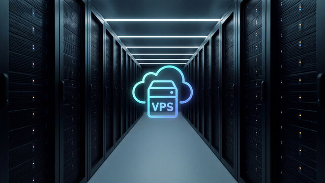 Virtual private server VPS cloud hosting technology icon in modern enterprise data center server room