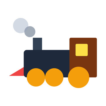 Steam train dark brown engine with orange wheels and smoke for travel.