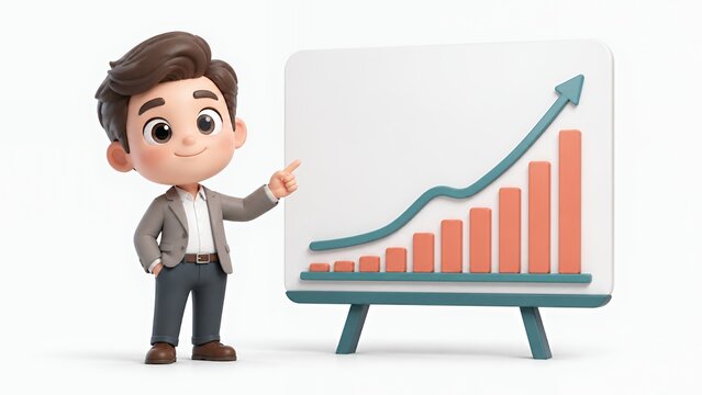 Cute 3D business presenter with blank growth chart on white