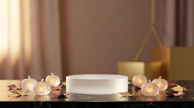 Round white platform with Halloween pumpkin candles on black marble ta