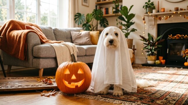 Dog dressed as ghost sitting next to jack o lantern in cozy living roo