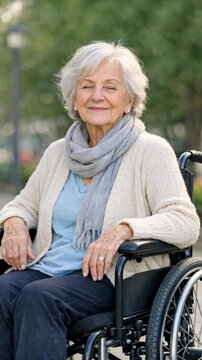 Smiling Elderly Woman in a Wheelchair Outdoors