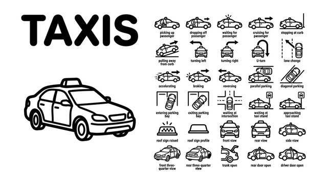 Taxi Icons Collection: A comprehensive set of line art icons depicting various taxi services and situations, accompanied by a clear illustration of a taxi car and the bold text TAXIS.