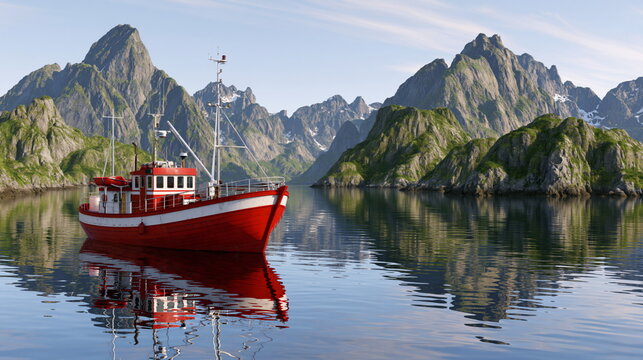 Serene Small Fishing Boat Gliding Through Teal Waters of a Majestic Fjord at Sunset