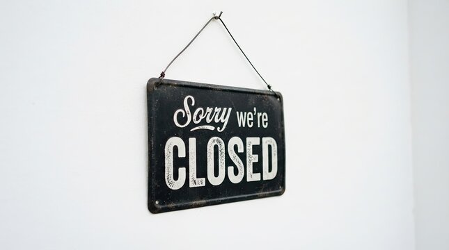 Black and white sign reading sorry were closed hanging from a metal chain indoors