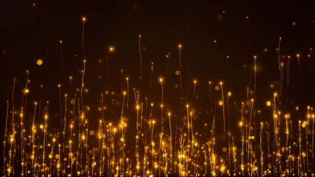 黒背景に尾を引く金色の光が上昇する光粒子の背景動画　4K　アニメーション