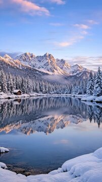 Snow-Covered Mountains and Pine Forest Reflecting in a Still Winter Lake