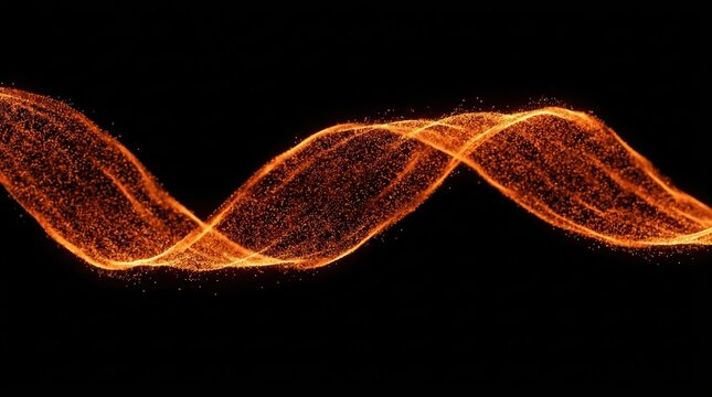 Abstract wave of glowing orange particles flowing in a smooth sine curve on a black background