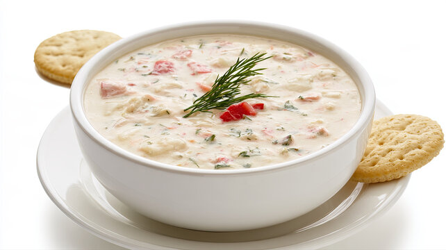 clam chowder in a bowl on white background