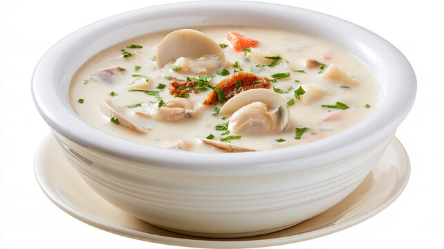 clam chowder in bowl isolated on white background