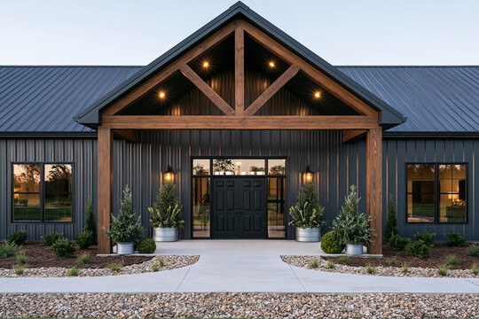Barndominium house with charcoal grey metal siding and timber trusses, inviting entryway with porch